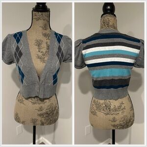Sweater Project capped sleeve cropped argyle/striped cardigan sweater size large
